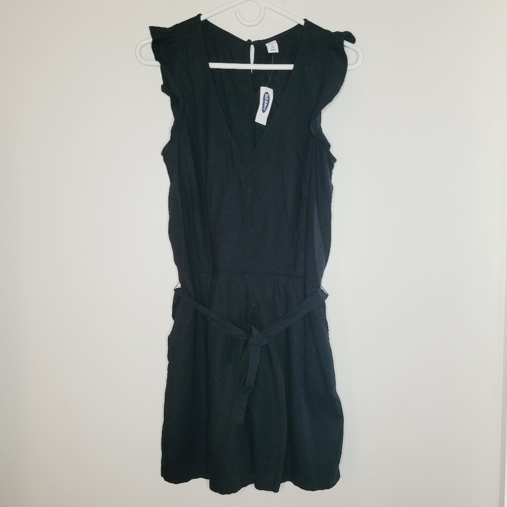 Old Navy Linen Size Tall Small Romper Women’s Black Flutter Sleeves Tie Waist